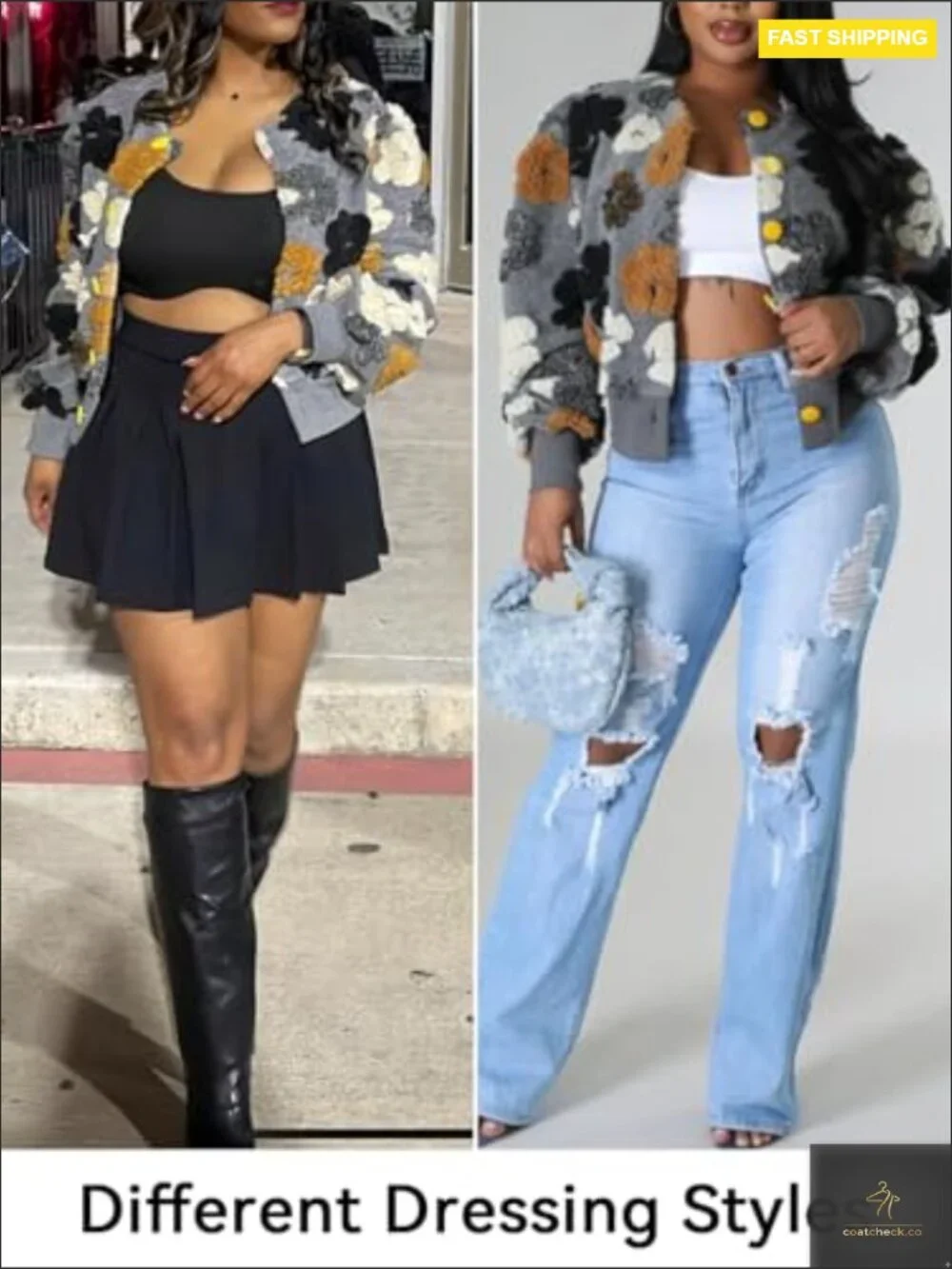 Cropped Floral Fleece Bomber Jacket Puff Sleeve Vintage Y2K Casual Outerwear - Picture 6 of 7